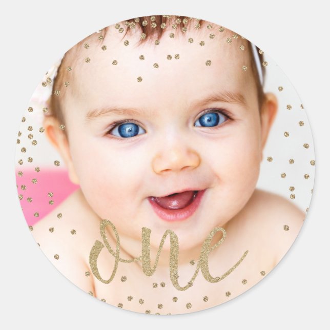 Gold Glitter Confetti First Birthday Stickers (Front)