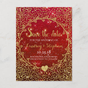 Gold Glitter Confetti Glam Red Save the Date Announcement Postcard