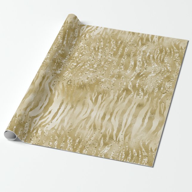 Gold Glitter Confetti Glitzy Zebra Print Wrapping Paper (Unrolled)