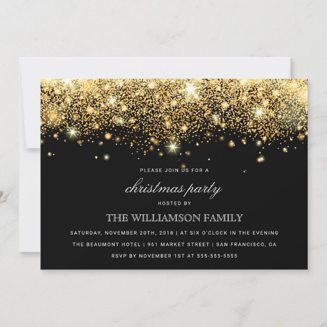Gold Glitter Confetti & Lights | Christmas Party Invitation (Front)