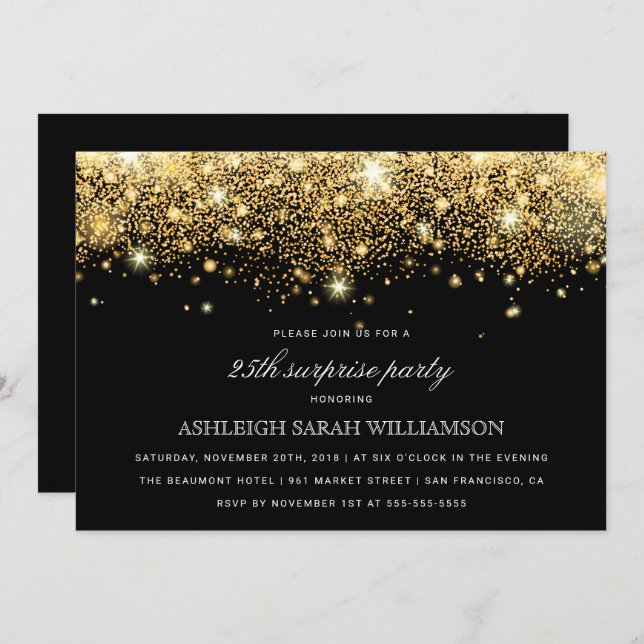 Gold Glitter Confetti & Lights | Surprise Party Invitation (Front/Back)