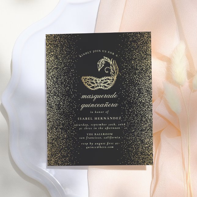 Gold Glitter Confetti Masquerade Quinceañera Invitation Postcard (Creator Uploaded)