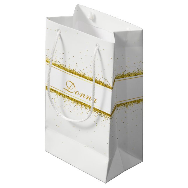 Gold Glitter Confetti Name - Small Gift Bag (Front Angled)