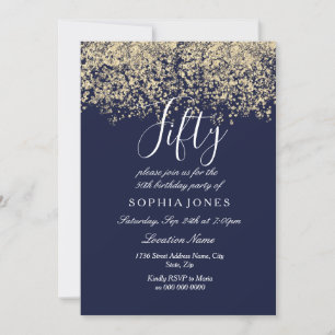 Gold Glitter Confetti Navy 50th birthday Invite