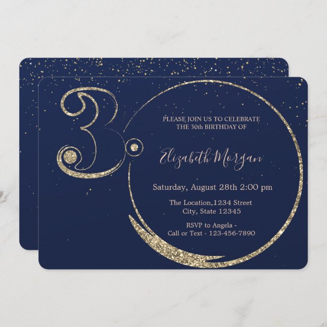  Gold Glitter Confetti Navy Blue 30th Birthday    Invitation (Front/Back)