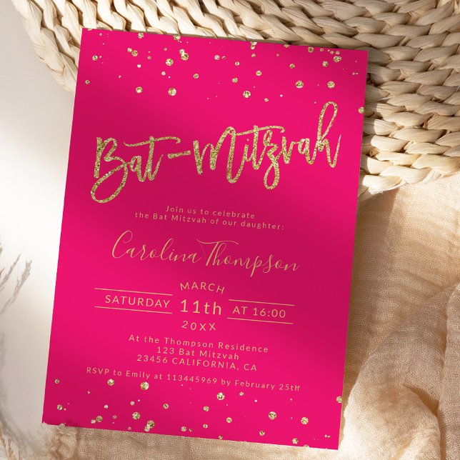 Gold glitter confetti neon pink Bat Mitzvah photo Invitation (Gold glitter confetti neon pink Bat Mitzvah photo Invitation)