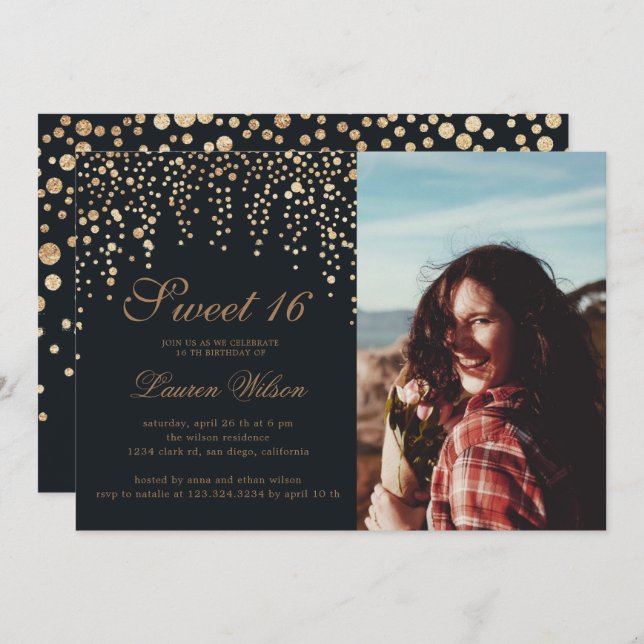 gold glitter confetti on black sweet sixteen Photo Invitation (Front/Back)