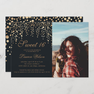 gold glitter confetti on black sweet sixteen Photo Invitation