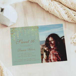 Gold Glitter Confetti On Green Sweet Sixteen Photo Invitation