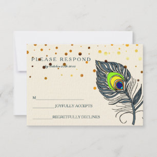 Gold Glitter Confetti Peacock Feather Blue RSVP Card