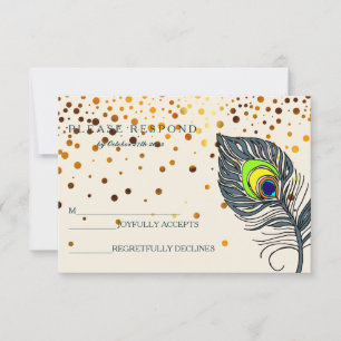 Gold Glitter Confetti Peacock Feather Blue RSVP Card