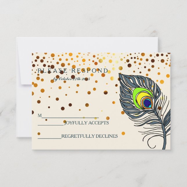Gold Glitter Confetti Peacock Feather Blue RSVP Card (Front)