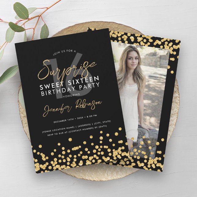 Gold Glitter Confetti Photo Surprise Sweet 16  Invitation (Gold Glitter Confetti Photo Surprise Sweet 16 Invitation)