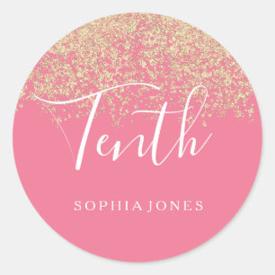 Gold Glitter Confetti Pink 10th birthday party Classic Round Sticker