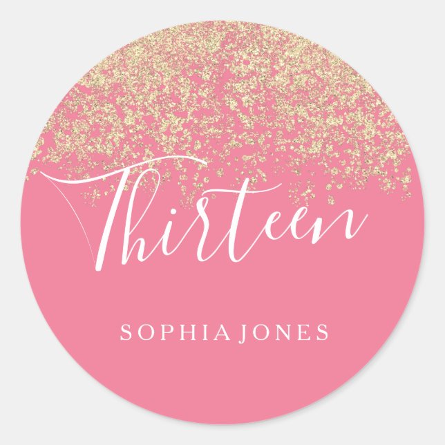 Gold Glitter Confetti Pink 13th birthday party Classic Round Sticker (Front)