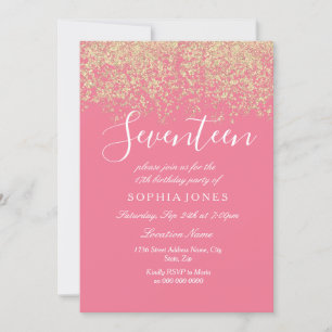 Gold Glitter Confetti Pink 17th birthday party Invitation
