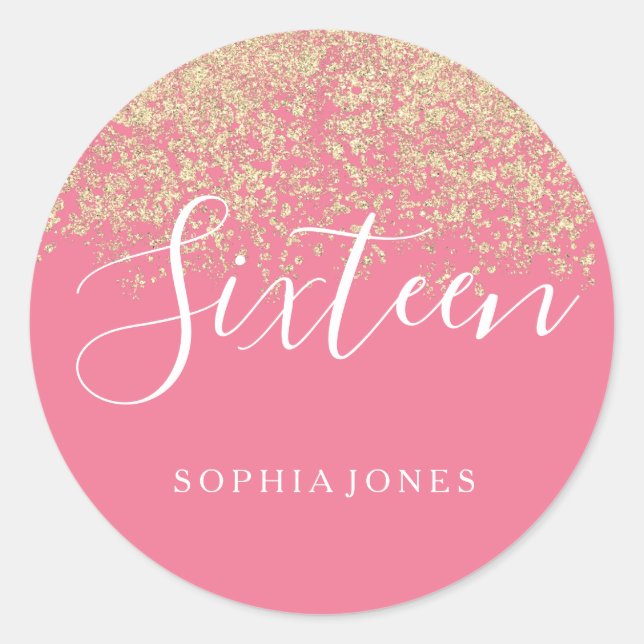Gold Glitter Confetti Pink Sweet 16 Birthday Party Classic Round Sticker (Front)