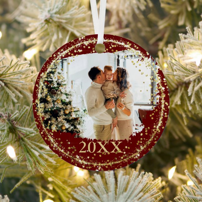 Gold Glitter Confetti Red Family Photo Christmas Metal Tree Decoration (Insitu)