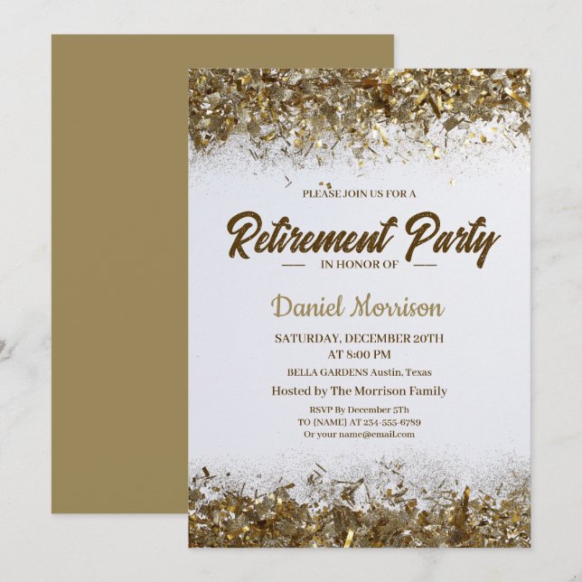 Gold Glitter Confetti Retirement Party 2024 Invitation (Front/Back)