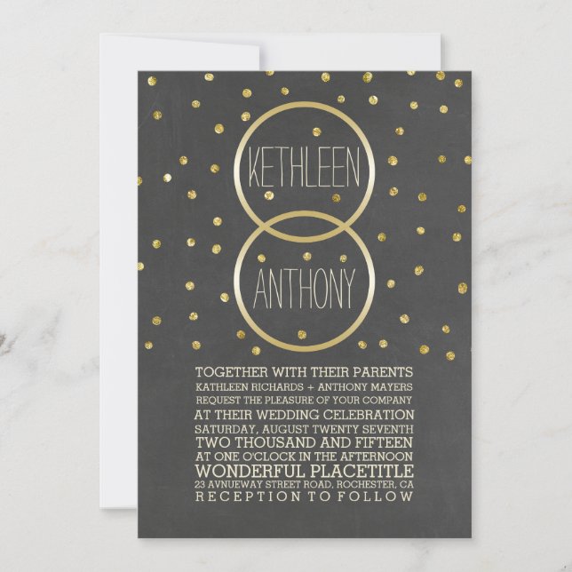 Gold Glitter Confetti Rings Wedding Invitations (Front)