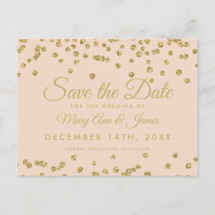 Gold Glitter Confetti Save The Date Blush Rose Announcement Postcard