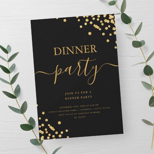 Gold Glitter Confetti Script Dinner Party Black Invitation (Gold Glitter Confetti Script Dinner Party Black Invitation)