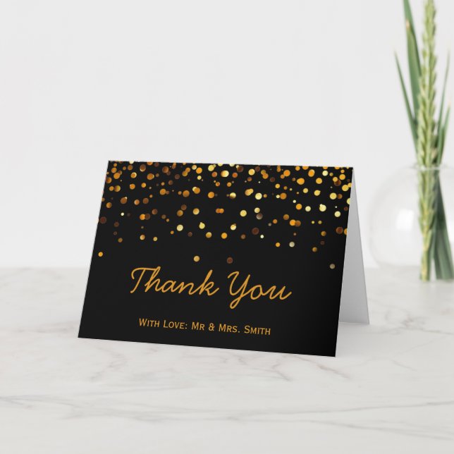 Gold Glitter Confetti Sparkles Black Thank You Card (Front)