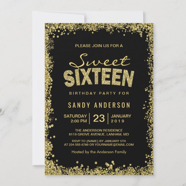 Gold Glitter Confetti | Sweet 16 Sixteen Birthday Invitation (Front)