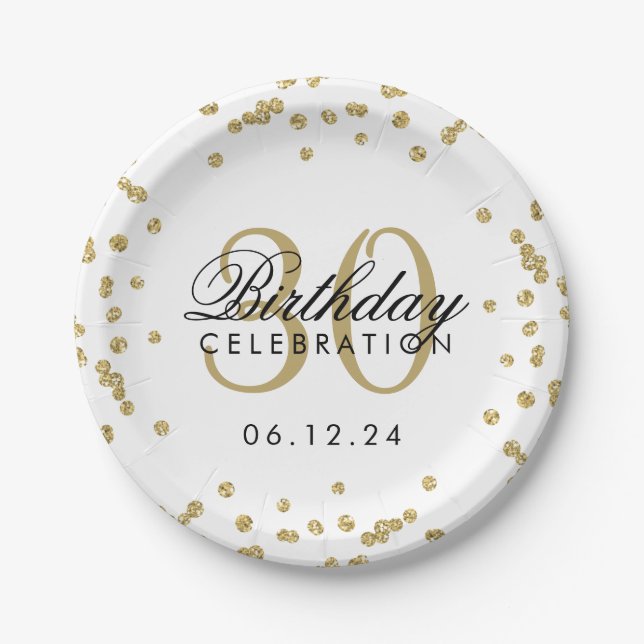 Gold Glitter Confetti White 30th Birthday Paper Plate (Front)