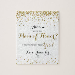 Gold Glitter Confetti Will you be my Maid of Honou Jigsaw Puzzle