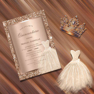 Gold Glitter Copper Metallic Elegant Quinceañera Invitation