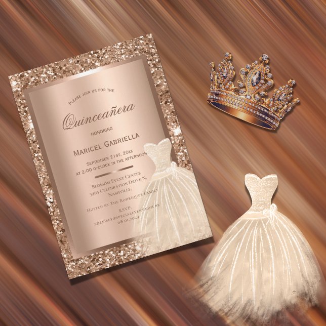 Gold Glitter Copper Metallic Elegant Quinceañera Invitation (Creator Uploaded)