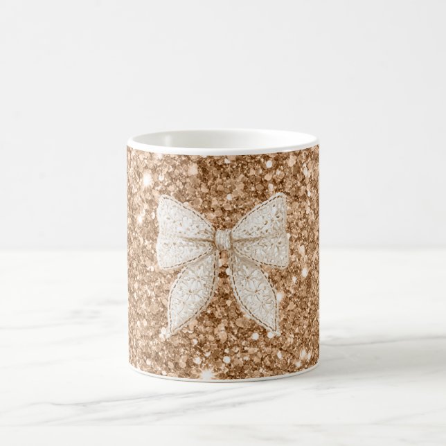 Gold Glitter Cream Faux Lace Bow Coffee Mug (Center)