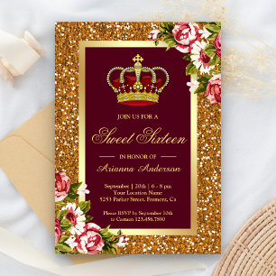 Gold Glitter Crown Burgundy Floral Sweet Sixteen Invitation