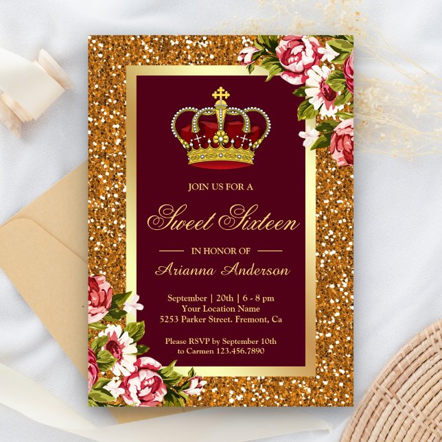 Gold Glitter Crown Burgundy Floral Sweet Sixteen Invitation (Creator Uploaded)