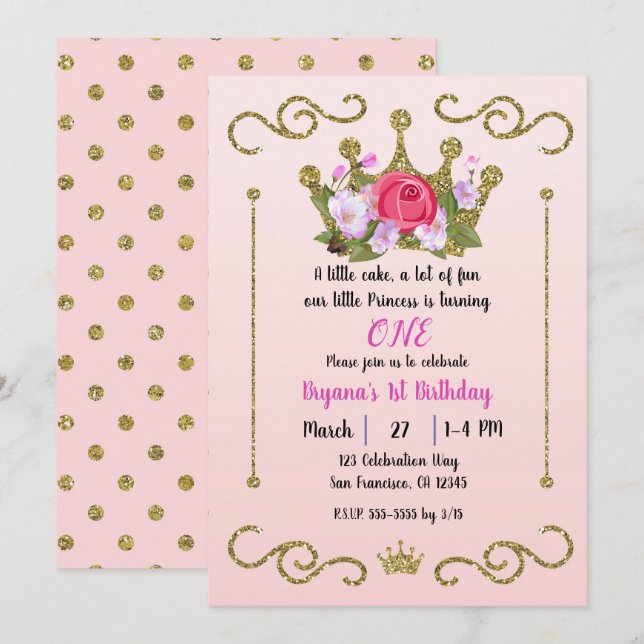 Gold Glitter Crown Floral Dots Pink 1st Birthday Invitation (Front/Back)
