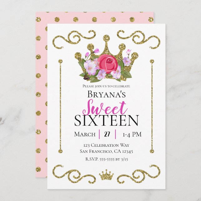 Gold Glitter Crown Floral Dots Sweet 16 Party Invitation (Front/Back)