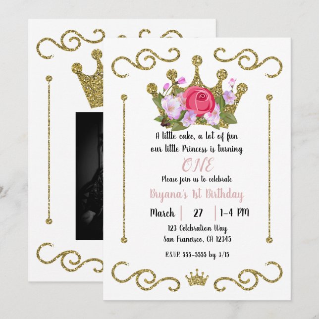 Gold Glitter Crown Floral Photo 1st Birthday Party Invitation (Front/Back)