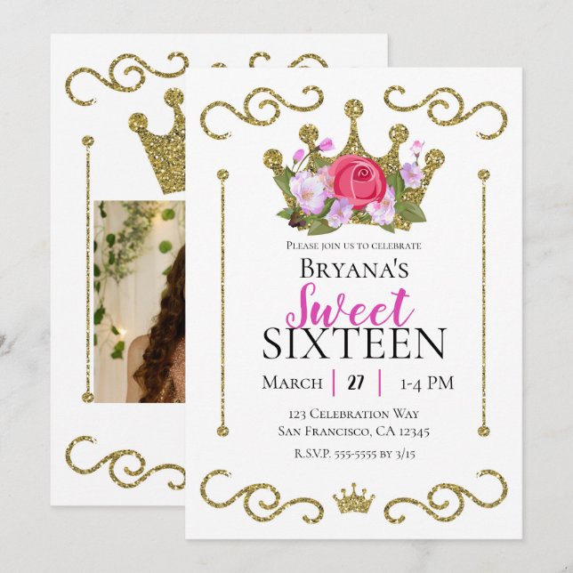 Gold Glitter Crown Floral Photo Sweet 16 Party Invitation (Front/Back)