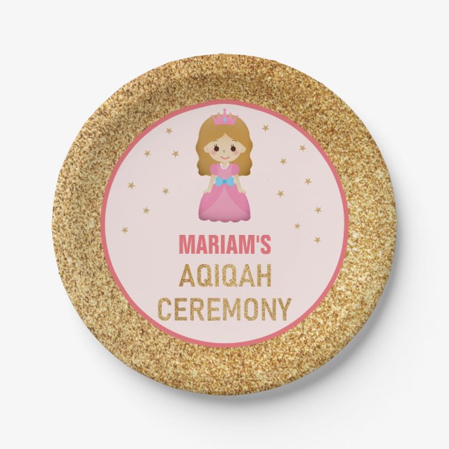 Gold Glitter Cute Little Princess Aqiqah Paper Plate (Front)