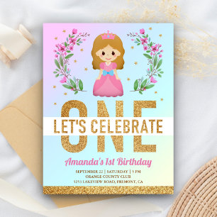 Gold Glitter Cute Pink Princess 1st Birthday Party Invitation Postcard