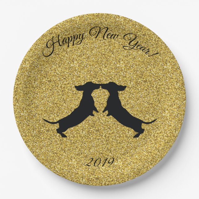 Gold Glitter Dachshund Happy New Year Party Plates (Front)