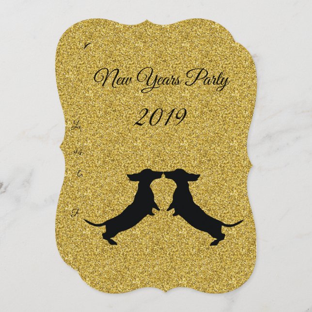 Gold Glitter Dachshund New Year Party Invitation (Front/Back)