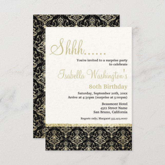 Gold Glitter Damask 80th Surprise Birthday Party Invitation (Front/Back)