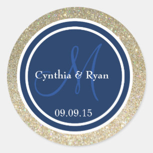 Gold Glitter & Dark Navy Blue Wedding Monogram Classic Round Sticker