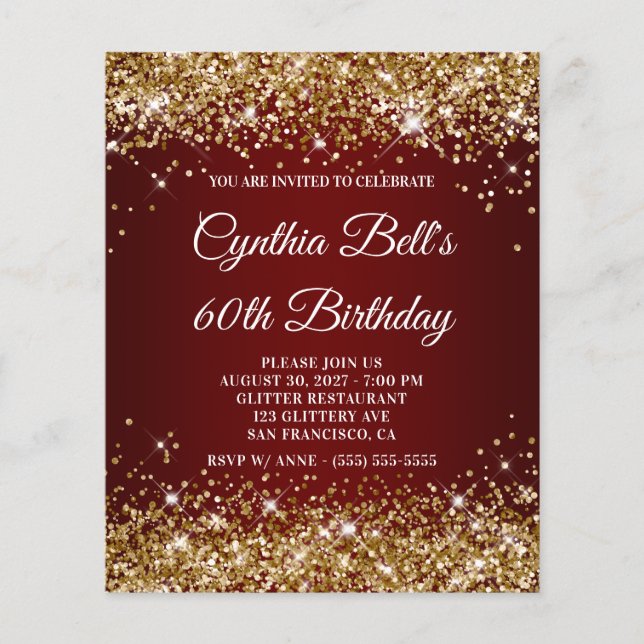 Gold Glitter Dark Red Ombre 60th Birthday Invite (Front)