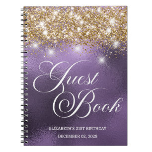 Gold Glitter Dark Violet 21st Bday Guestbook Notebook