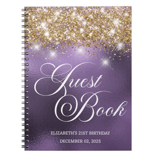 Gold Glitter Dark Violet 21st Bday Guestbook Notebook (Front)