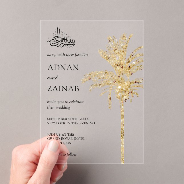 Gold Glitter Date Palm Muslim Wedding Acrylic Invitations (Insitu (Handheld))