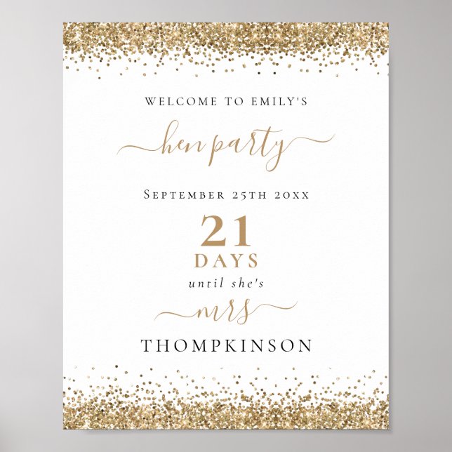 Gold Glitter Days Until Mrs Name Welcome Hen Party Poster (Front)